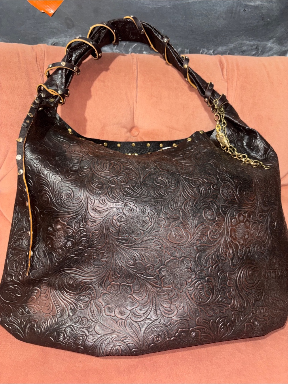 KB embossed brown faux leather studded shoulder bag western punk distressed